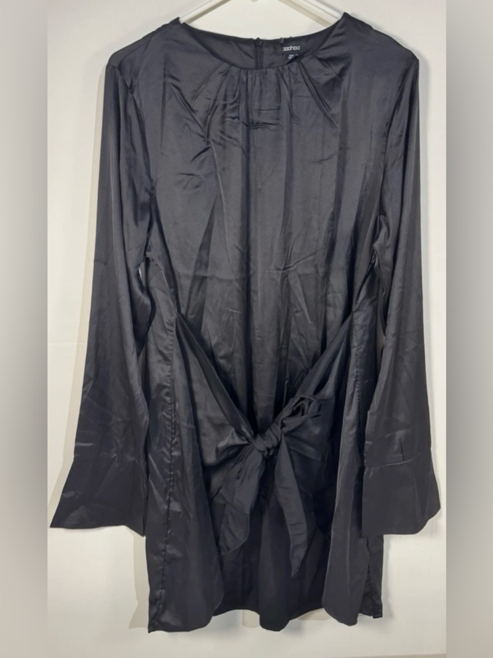 Boohoo Black Satin-Look Dress with Front Tie long sleeve lbd new womens 12 new